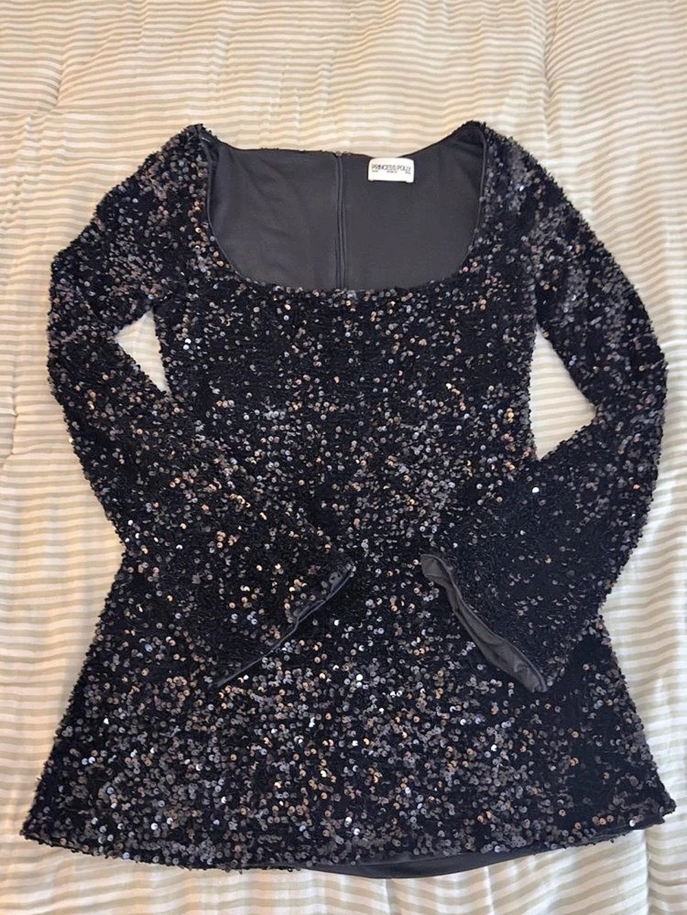 Princess Polly Vinelle Long Sleeve Mini Dress Black & Gold Medium